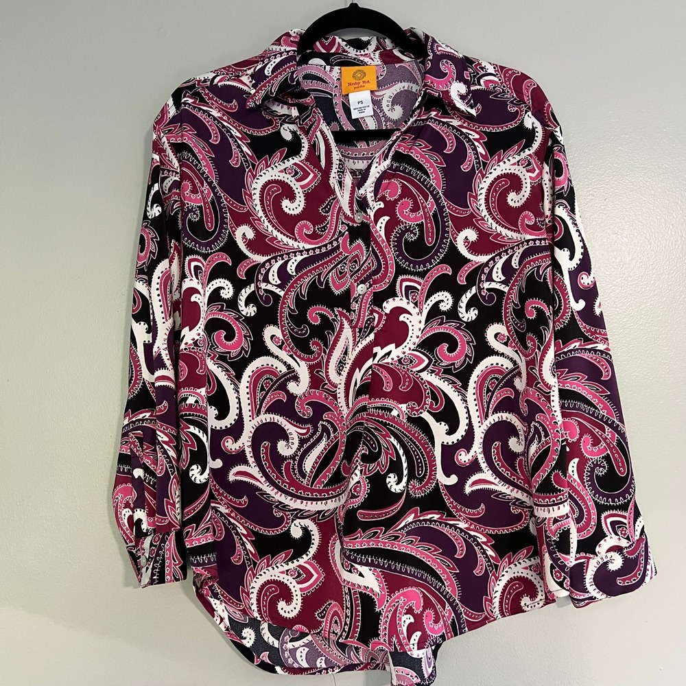 Ruby Rd Petite Purple Paisley Button Down Blouse Long Sleeve Top PS boho retro